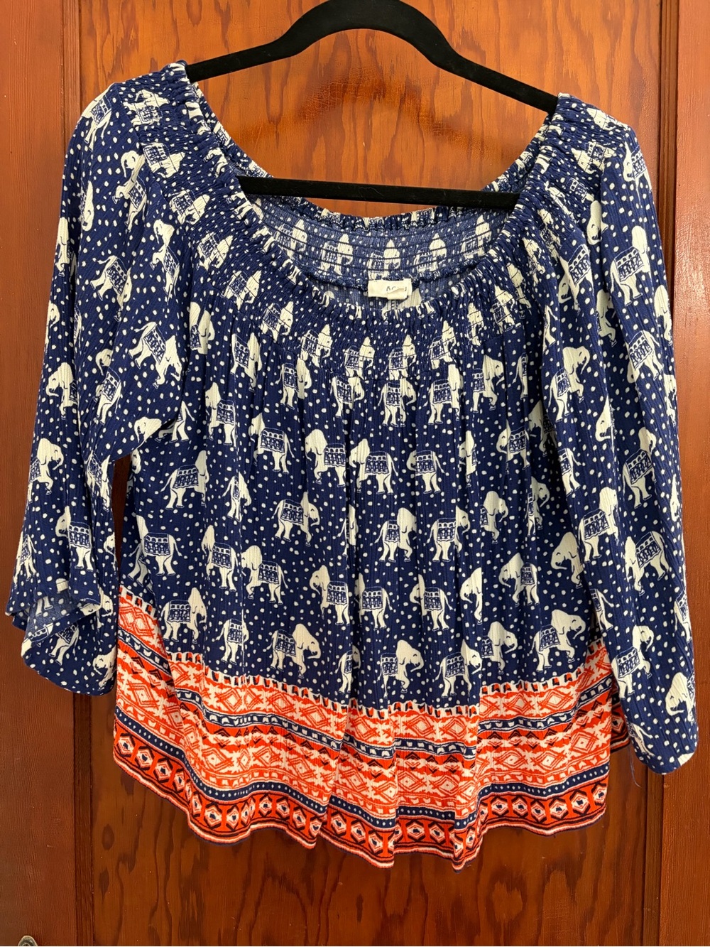 Boho Off-Shoulder Elephant Print Top in Navy and Orange